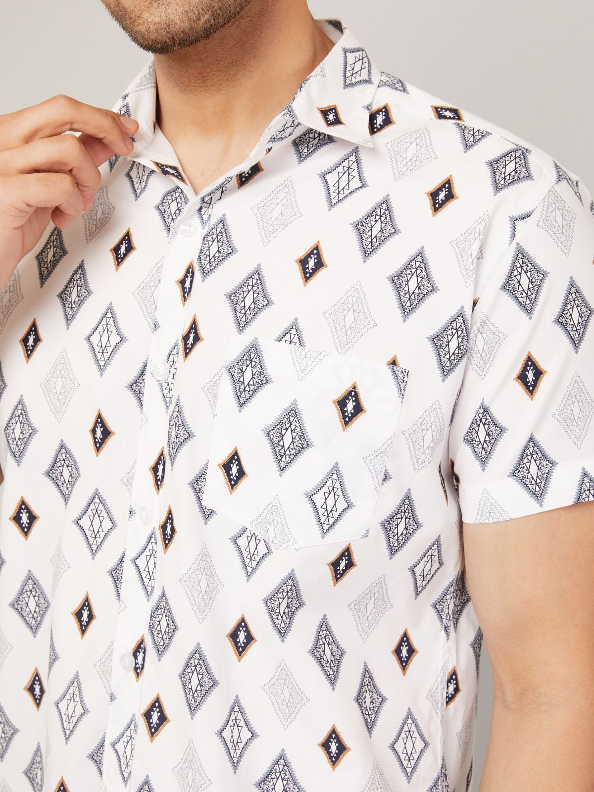 Louis Monarch Men Regular Fit White Printed Spread Collar Casual Half Shirt